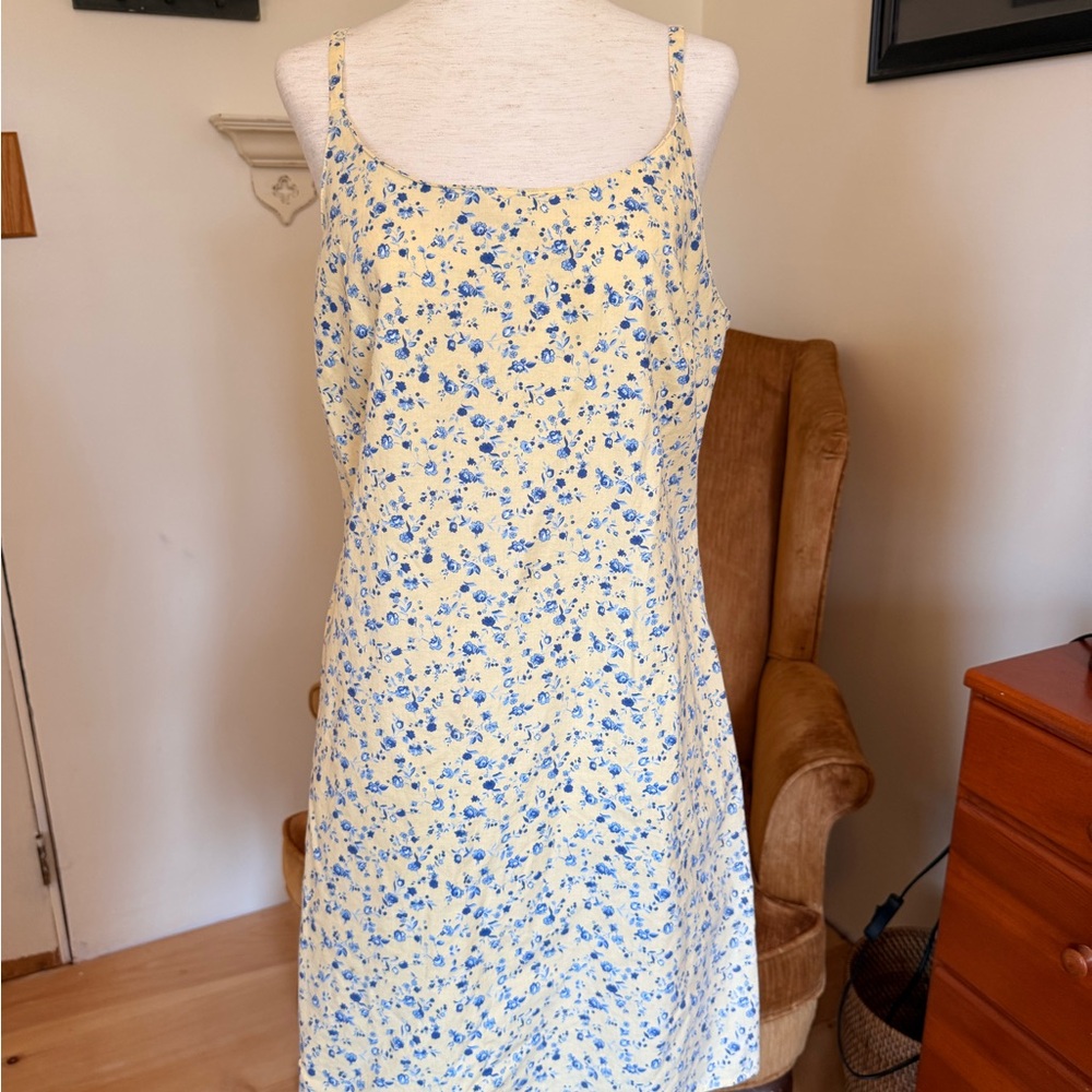 Vintage Yellow and Blue Ditsy Floral Cotton Spaghetti Strap Dress